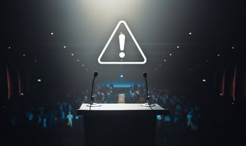 A spotlight on a CEO at a podium, but the microphone has a red warning symbol. Minimalistic, dramatic lighting. Dark background.