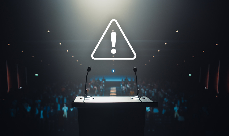 A spotlight on a CEO at a podium, but the microphone has a red warning symbol. Minimalistic, dramatic lighting. Dark background.